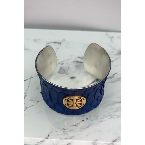 Rustic Cuff Cobalt Blue Textured Logo Metal Cuff Bracelet Signed - Picture 2 of 6